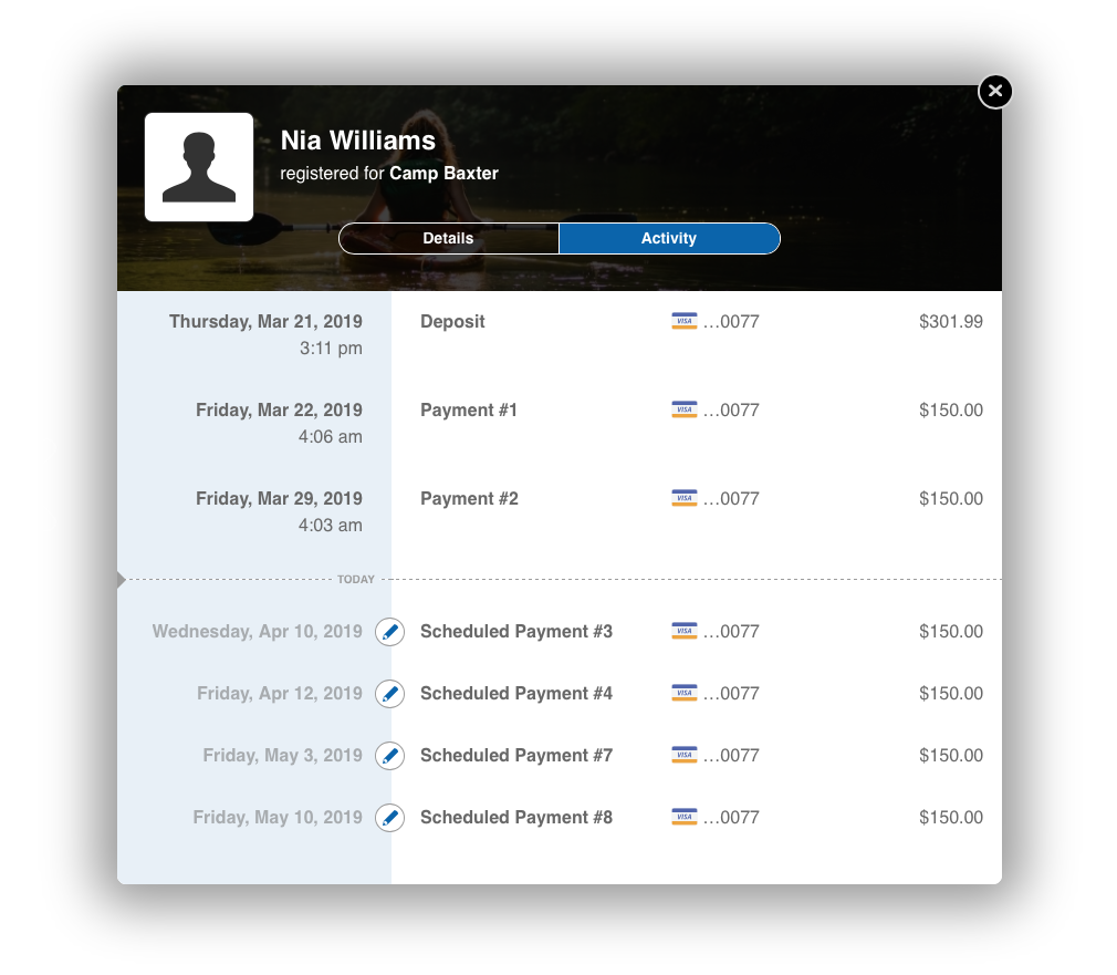 The registration activity screen with the ability to reschedule payment plan payments