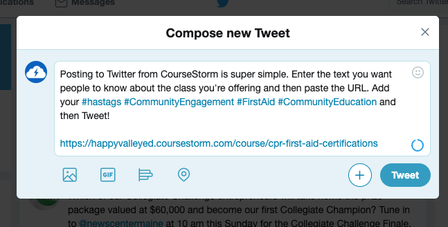 Screenshot of a Twitter post in progress with flavor text, hashtags, and a link to a sample class.