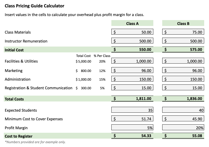 Screenshot of CourseStorm's Class Pricing Guide Calculator