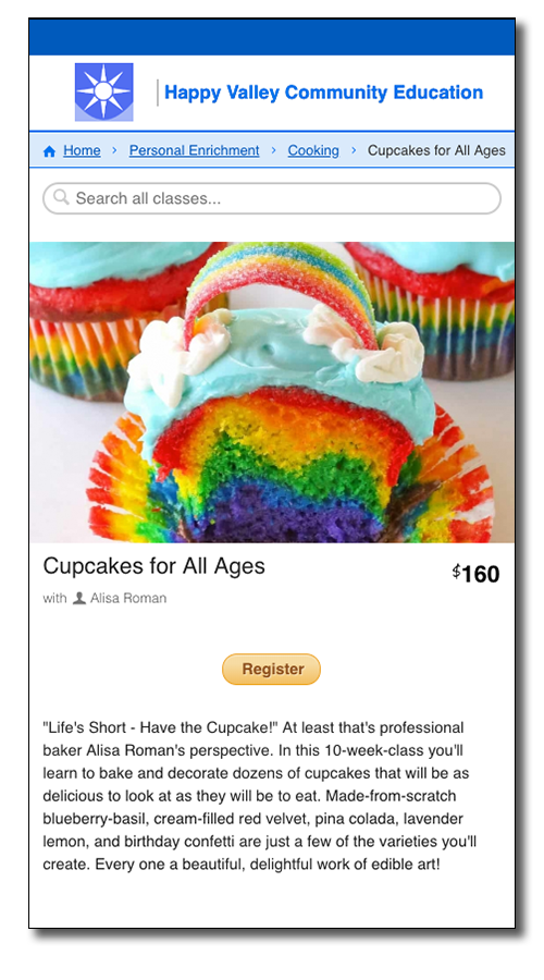 CourseStorm screenshot with a picture of rainbow cupcakes with fancy frosting like a sky and clouds, with a candy rainbow between the clouds.