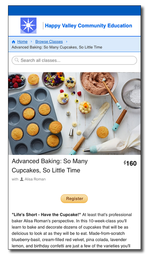 CourseStorm screenshot featuring an image of an attractive cupcake decorating scene from above.