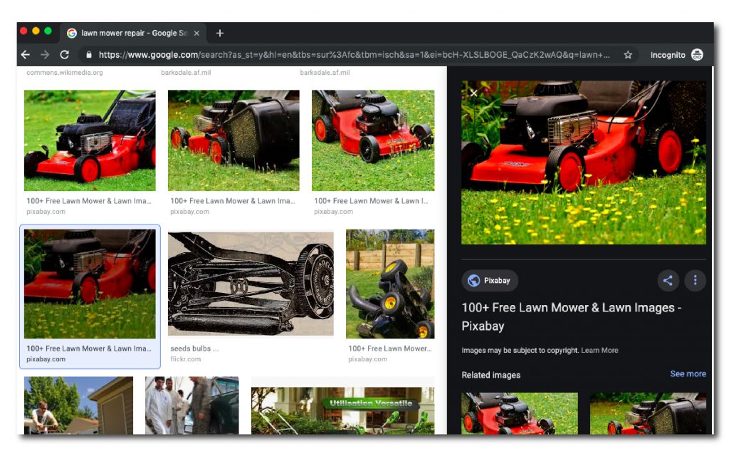 Image of Google results page featuring a lawn mower image in the right hand expanded pane