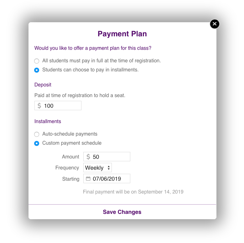 The payment plan settings screen in CourseStorm