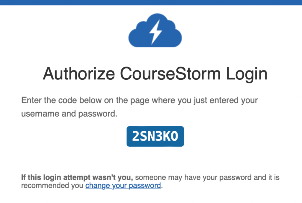 Screenshot showing email from CourseStorm with two-factor authentication code