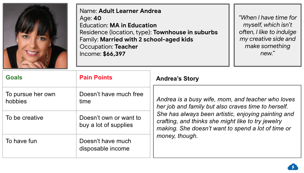 Sample student persona, "Adult Learner Andrea"