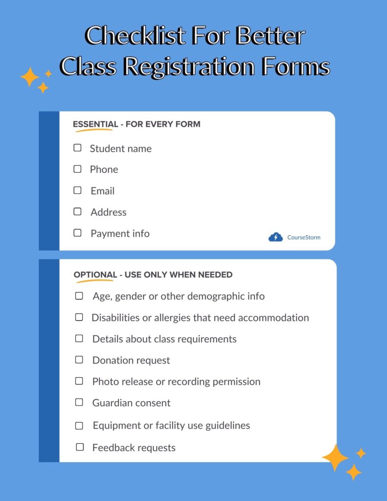 Checklist for Better Class Registration Forms. Essential for every form: student name, phone, email, address, payment info. Optional, use only when needed: age gender or other demographic info; disabilities or allergies that need accommodation; details about class requirements; donation request; photo release or recording permission; guardian consent; equipment or facility use guidelines; feedback requests.