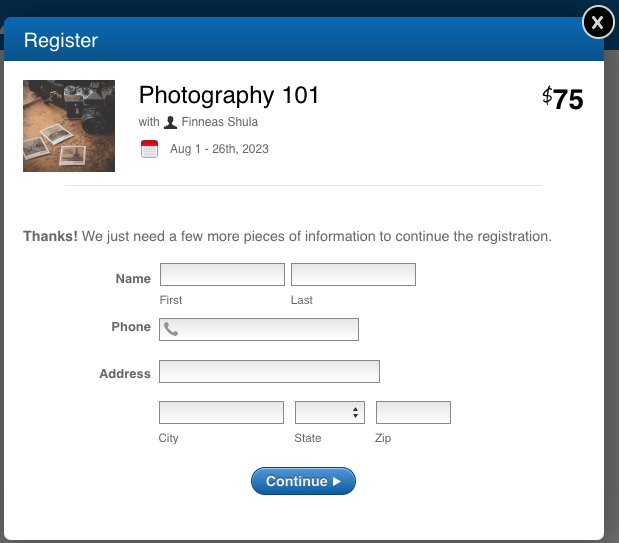 Example of a simple class registration form