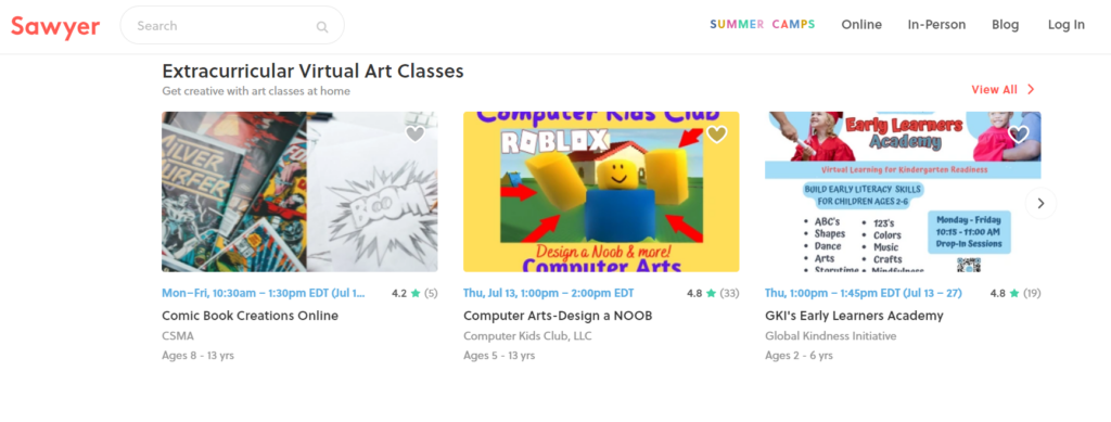 Screenshot of the Sawyer Marketplace for kids' classes