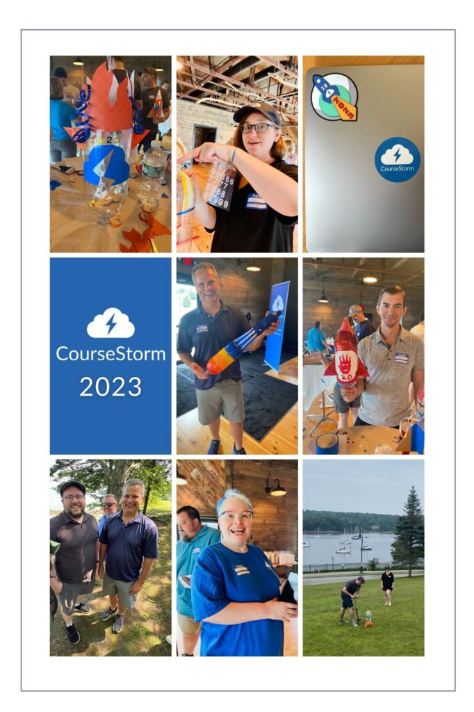 Photos of the bottle rocket launch from CourseStorm's 2023 in-person employee get-together in Maine