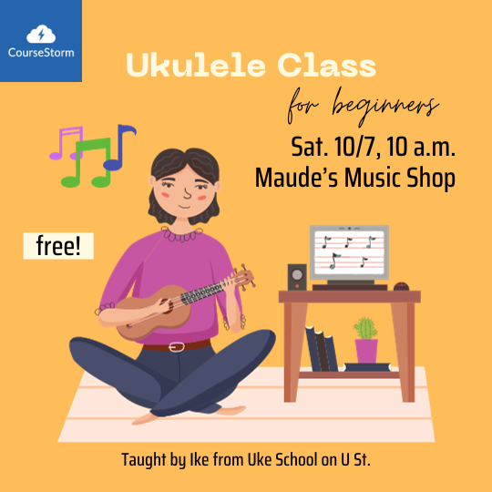 Partner with a local business to get more students: Ad for a free Ukelele Class at a music store