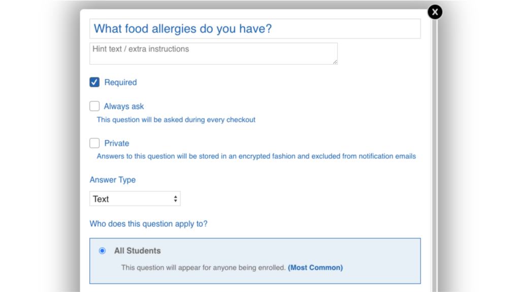 Screenshot of how to customize registration forms in CourseStorm: "Do you have any food allergies?"